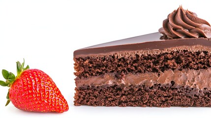 Slice of Rich Chocolate Cake with Cream Topping and Fresh Strawberry on White Background