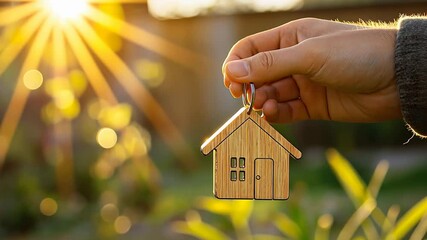 hand holding a wooden house-shaped keychain against a glowing golden sunset. The image represents homeownership, real estate, investment, security, dreams, and financial success - Powered by Adobe