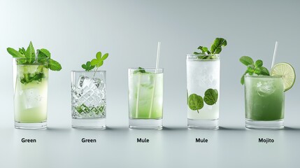 Five refreshing green cocktails with mint garnish on glass counter.