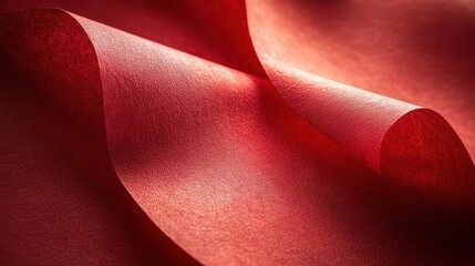 A vibrant sheet of red textured paper, its edges softened by a subtle curve and its surface gleaming under the warm glow of bright lighting, exudes a sense of artistic flair and warmth.
