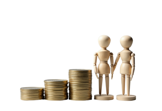 Wooden mannequins with stacks of coins, transparent background - Powered by Adobe