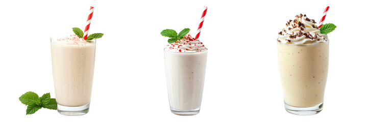 Three delicious milkshakes with mint and whipped cream on transparency background