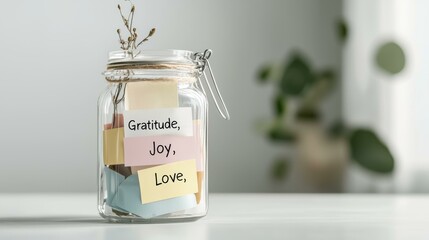 Glass jar filled with notes of gratitude, joy, and love, symbolizing positive emotions and mindfulness.