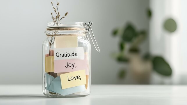 Glass jar filled with notes of gratitude, joy, and love, symbolizing positive emotions and mindfulness.