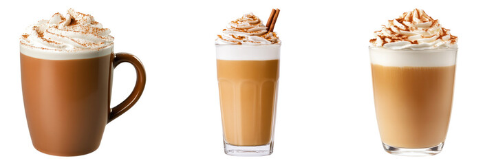 Three delicious pumpkin spice lattes with whipped cream and cinnamon