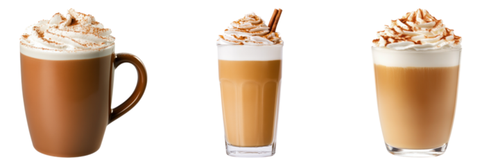 Three delicious pumpkin spice lattes with whipped cream and cinnamon