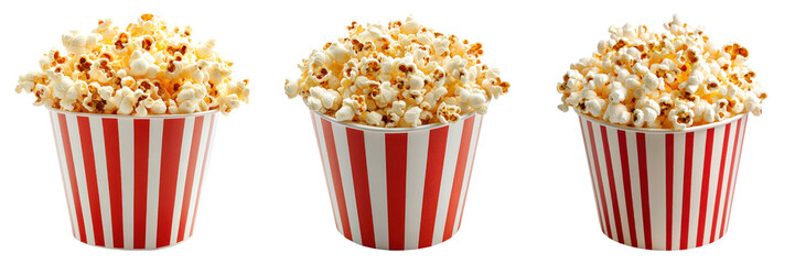 Three striped popcorn buckets filled with popcorn isolated on white