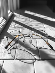 A pair of thin round glasses with silver frames on a white background featuring caustics effects