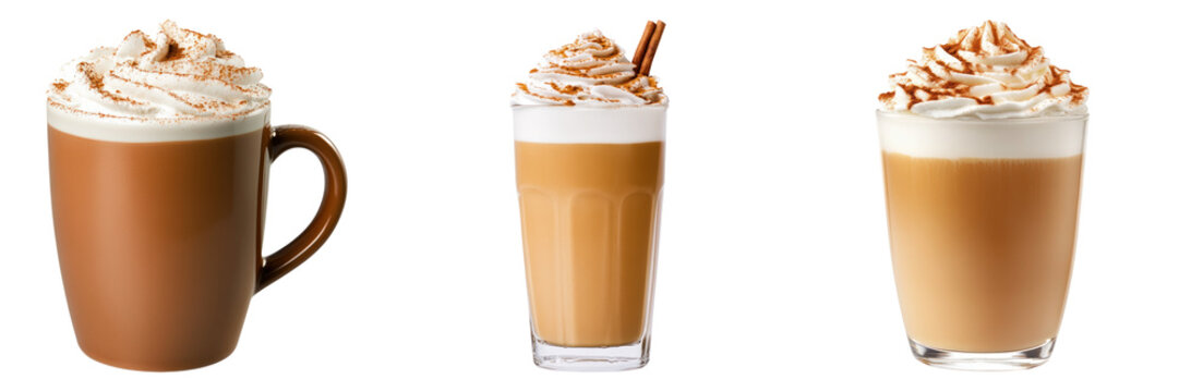 Three delicious pumpkin spice lattes with whipped cream and cinnamon