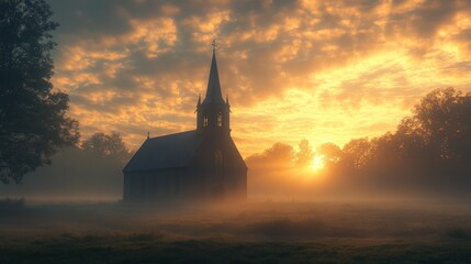 Obraz premium A serene countryside scene at sunrise, with a church steeple pointing toward the heavens, symbolizing Ascension Day 