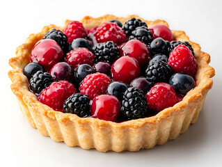 Berry Burst Tart: A delectable close-up shot of a beautifully crafted berry tart, boasting a flaky crust and an explosion of fresh, vibrant berries