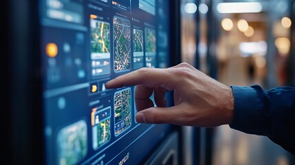 Person using a touchscreen device displaying data on a map