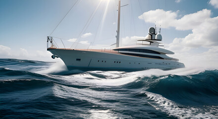 Fototapeta premium One sleek, super luxury yacht sails through big waves in the open ocean. Warm, golden light dancing across the rippling water.