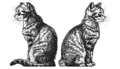 Pet silhouette, isolated kitten, vintage cat illustration, black and white sketch, hand drawn image, whisker art, feline engraving, pet background, kitty design, animal drawing © aura studio