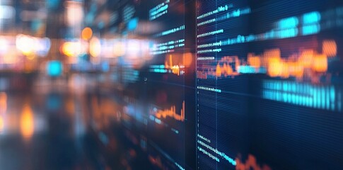 Abstract digital data visualization with vibrant colors, featuring blue and orange elements on a dark background, perfect for technology and finance themes