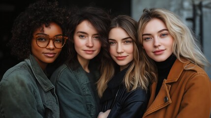 Obraz premium In a warm and welcoming urban environment, four women with varying skin tones share laughter and smiles while embracing one another. Their unique styles reflect individuality and friendship