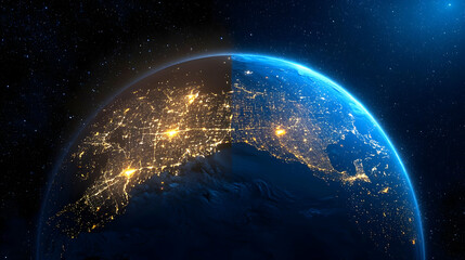 Fototapeta premium Glowing Earth Globe Displaying Cities Lights And Cloud Formations Within The Vastness Of Space During Night