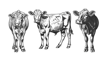 Vintage cow illustration, black and white ink sketch, farm bull silhouette, isolated beef animal, hand drawn art, rustic engraving, livestock animal, farm sketch, rural life image.