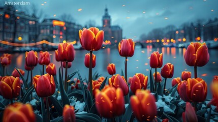Vibrant Amsterdam graphic featuring colorful tulips and artistic font design in a beautiful composition for a stylish t-shirt