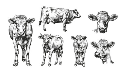 Ink sketch of vintage cow, farm bull silhouette, hand drawn beef animal, isolated black and white illustration, rustic farm art, livestock silhouette, farm animals, animal engraving.