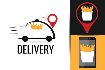 Naklejka premium American Fast food french fries delivery logo. Fast fries logotype. Potato fries delivery