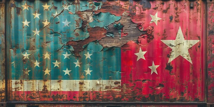 An artistic representation of the contrasting flags of Venezuela and China on a weathered shipping container, showcasing rust and peeling paint.