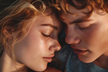 Obraz premium A young Caucasian couple sharing an intimate moment, their foreheads touching, eyes closed in a tender embrace under soft sunlight.