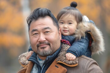 Fototapeta na wymiar A joyful Asian man carries his adorable toddler on his back, both smiling against a backdrop of vibrant autumn foliage.