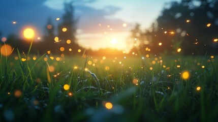 Green grass meadow with scattered golden lights under a dusky sky during summertime.
