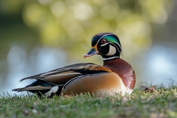 Resting Wood Duck with Detailed Plumage on Green Grass Bank
