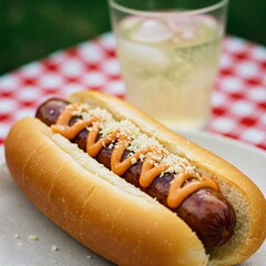 Gourmet hot dog with homemade sausage, grated cheese and special sauce served on a soft bun with a soda in the background
