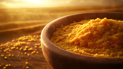 a wooden bowl filled with golden flour, capturing the essence of culinary and natural textures