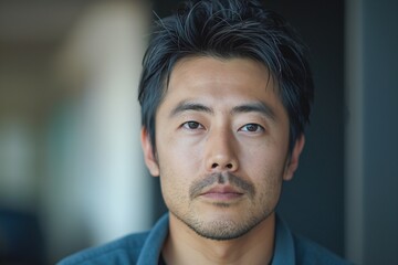 Obraz premium A serious Asian man with dark hair gazes thoughtfully at the camera, set against a soft-focus background.