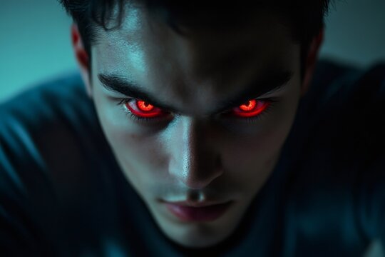 Portrait of a serious young man with glowing red eyes staring intensely, creating a dramatic and mysterious atmosphere