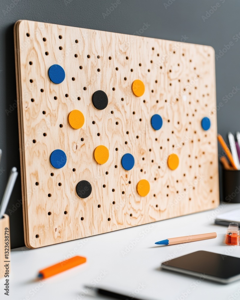 Poster Minimalist Modular Workplace Design Interactive Wooden Pegboard with Color-Coded Organizational Insights for Dynamic Team Collaboration and Creative Workflow Management