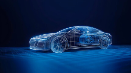 Naklejka premium Digital Blue Car Silhouette Showing Modern Technology Innovation Against Dark Background