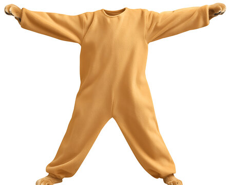 A tan plush costume with attached paws on the feet and hands laid out in a playful spread-eagle pose on a white background.