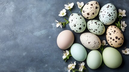 Fototapeta premium Arrangement of Decorative Pastel Easter Eggs Surrounded by Delicate White Flowers on Gray Background