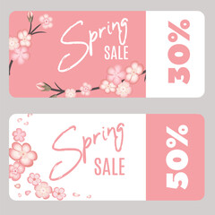 Set spring sale banners with sacura, cherry, apple flowers and flying petals on pink background.