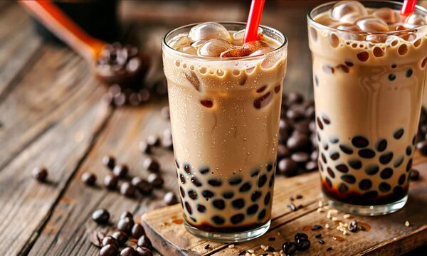 Tea with bubbles and tapioca pearls in a tall glass on a background with a bokeh effect. Pearls jelly Bubble Tea. Concept Bubble Tea, Coffee Shop.