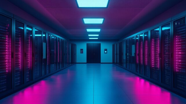 Halls lined with computer servers reflecting neon lights in a data processing center.
