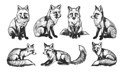 Black and white fox sketch, vintage wild animal engraving, isolated hand drawn art, foxy silhouette, nature wildlife illustration, animal image, ink drawing, wild animal art