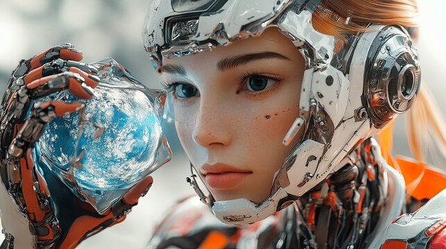 A cyborg woman commanding planets and a mysterious cube. 3D rendering