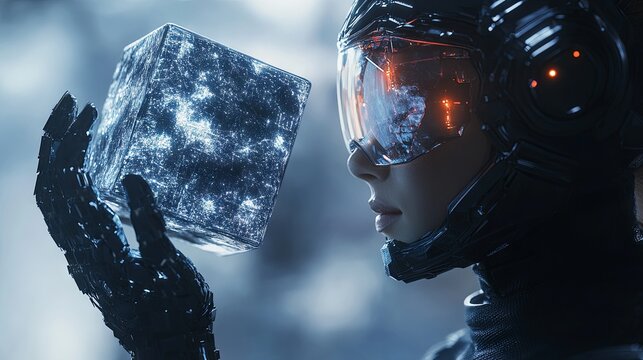 A cyborg woman commanding planets and a mysterious cube. 3D rendering