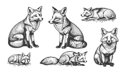 Wild animal fox engraving illustration, vintage ink sketch, black and white fox silhouette, nature drawing, hand-drawn sketch, foxy animal art, wildlife illustration, forest animal