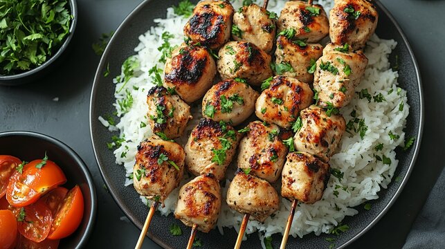 A high-angle view of grilled chicken kebab on a plain plate, known as Chelo Joojeh in Persian cuisine, served with rice and grilled tomato. A fusion food barbecue concept