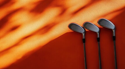A pristine set of golf clubs lay poised on a vibrant orange surface, ready for a round of adventure on a sun-drenched fairway.