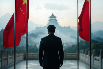 A chinese leader flnaked by red flags
