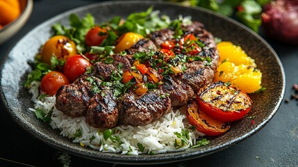 Loghmeh Kebab with saffron, served with rice, bitter orange, grilled tomatoes, and vegetables. A traditional Persian dish