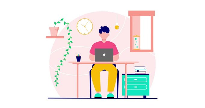 A young man working diligently from home in colorful interior. Freelancer, manager, businessman. Looping animation with 4K resolution.